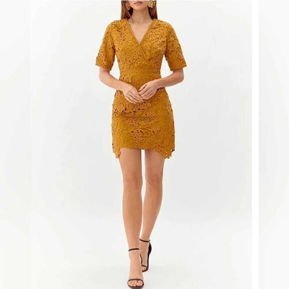 Adelyn Rae Lace V-neck Short Sleeve Sheath Mini Dress: Color- Mustard - Picture 2 of 11